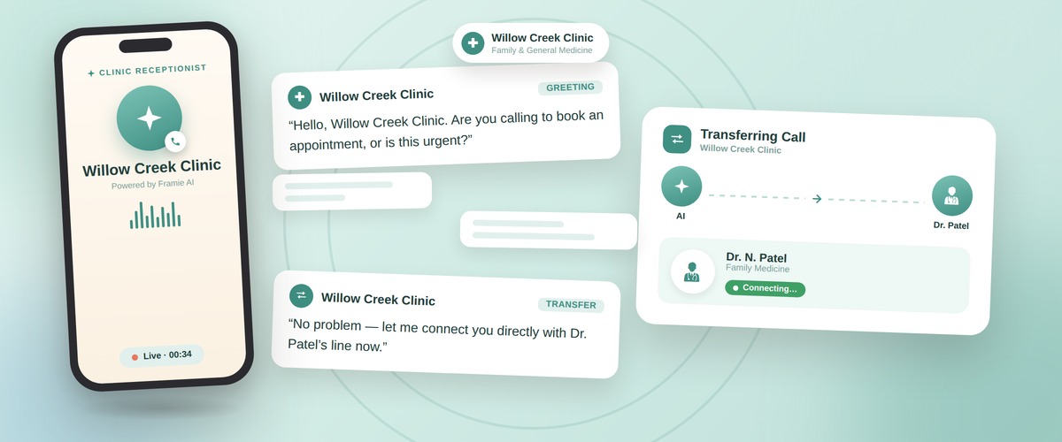 Framie answering for Willow Creek Clinic and transferring the call to a doctor