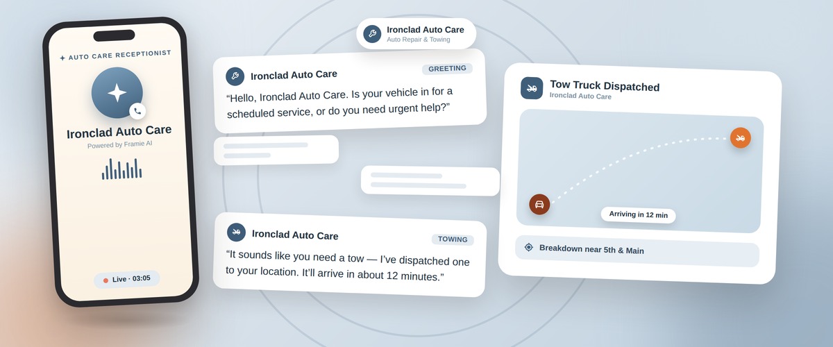 Framie answering for Ironclad Auto Care and dispatching a tow truck